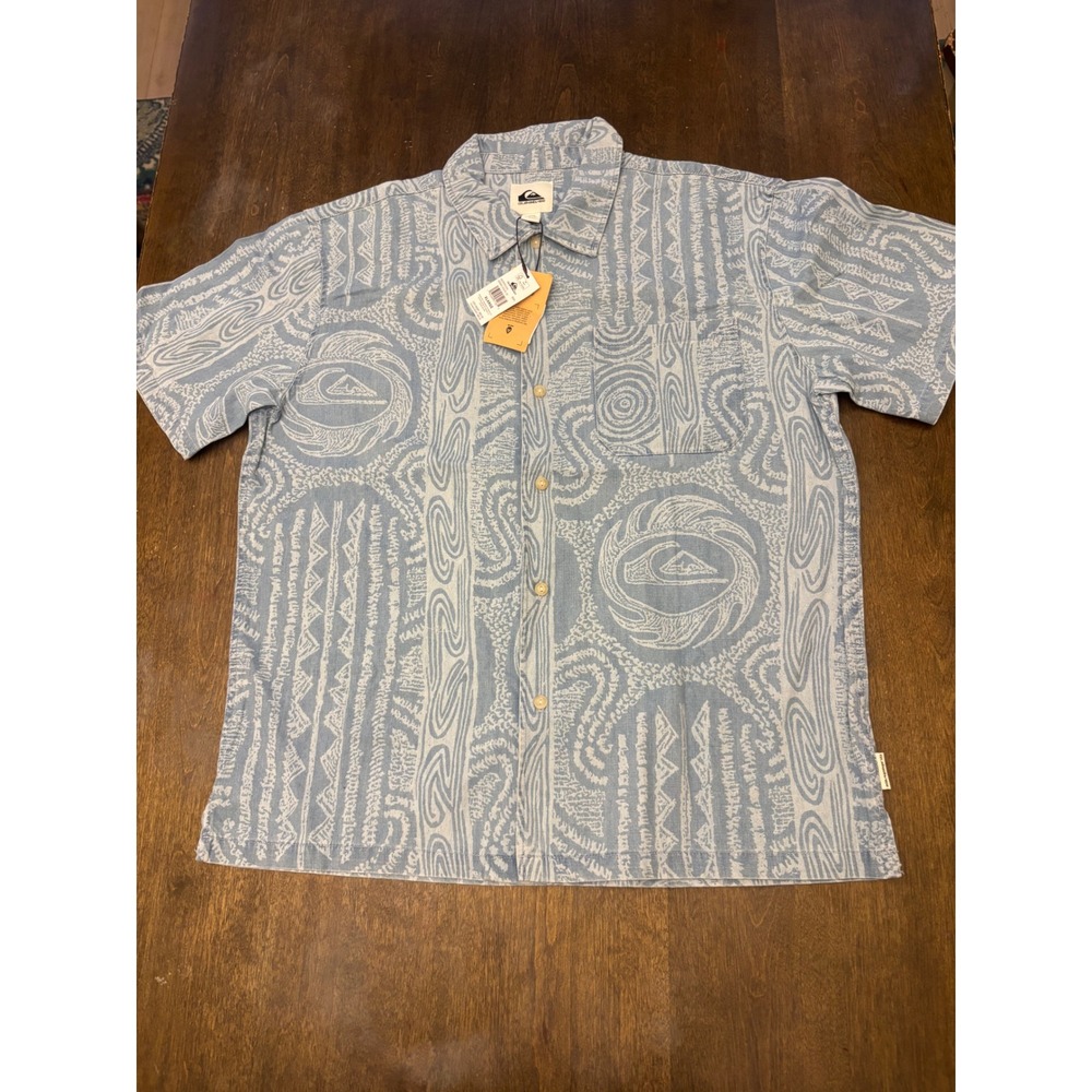 Quiksilver Mens Denim Casual SS Button Up Shirt Blue Tribal Print XL AQYWT03355